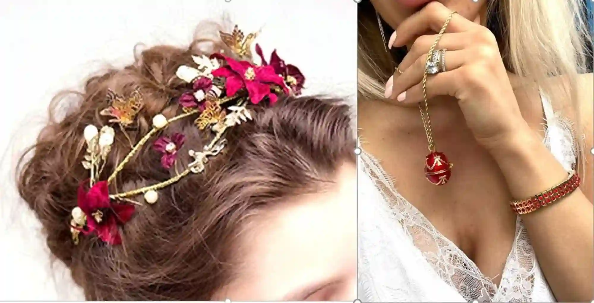 Christmas Jewelry SET, Faberge Egg NECKLACE & 2ct Ruby Bracelet + GOLD Pearl Hair Comb, Xmas Jewelry Gift, Christmas Necklace,Daughter gift 