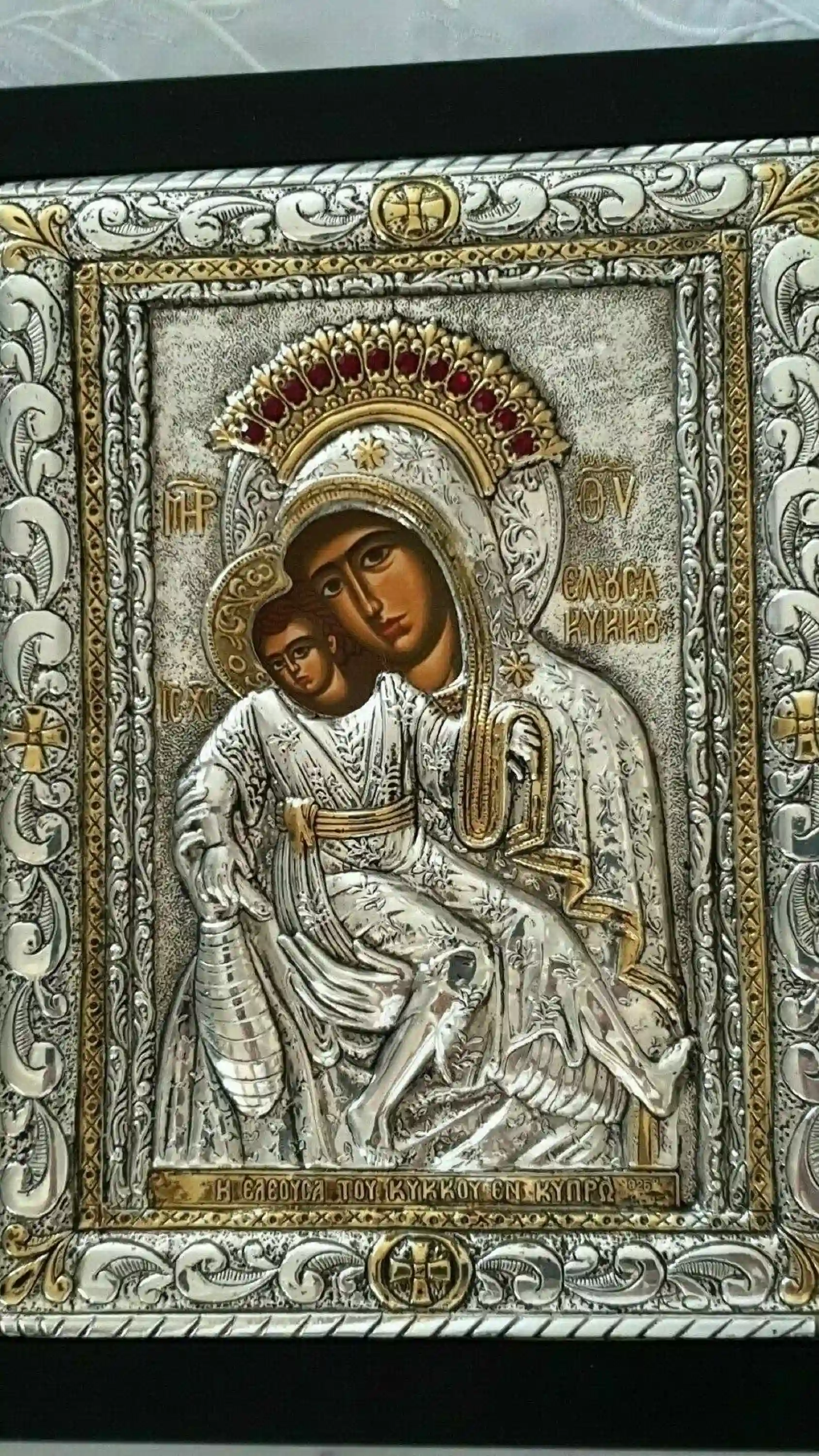 Mother and Child ICON ORTHODOX Our Lady Of Kykkos Solid silver 925 Handmade Masterpiece 12 Rubies 24kt GOLD set Holy Crown Handmade 