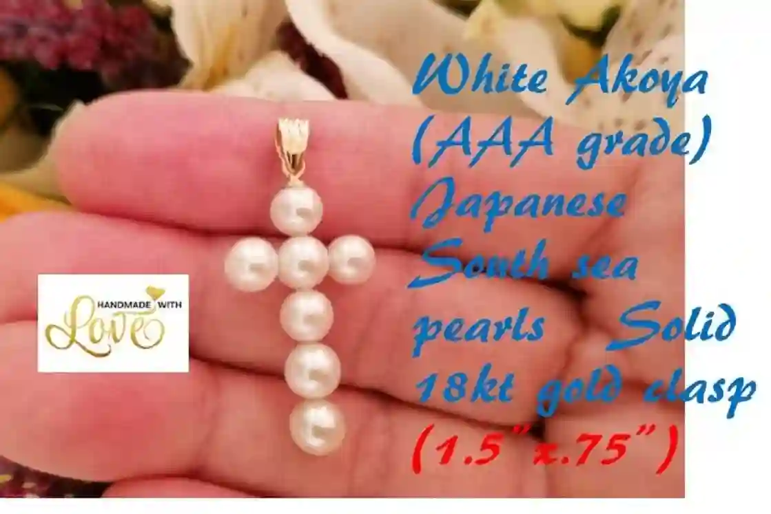 Solid 18Kt Yellow Gold Akoya Pearl Cross Pendant Necklace Religious Charm REAL CULTURED Pearl Christian Pendant AUTHENTIC Akoya Pearl Cross 