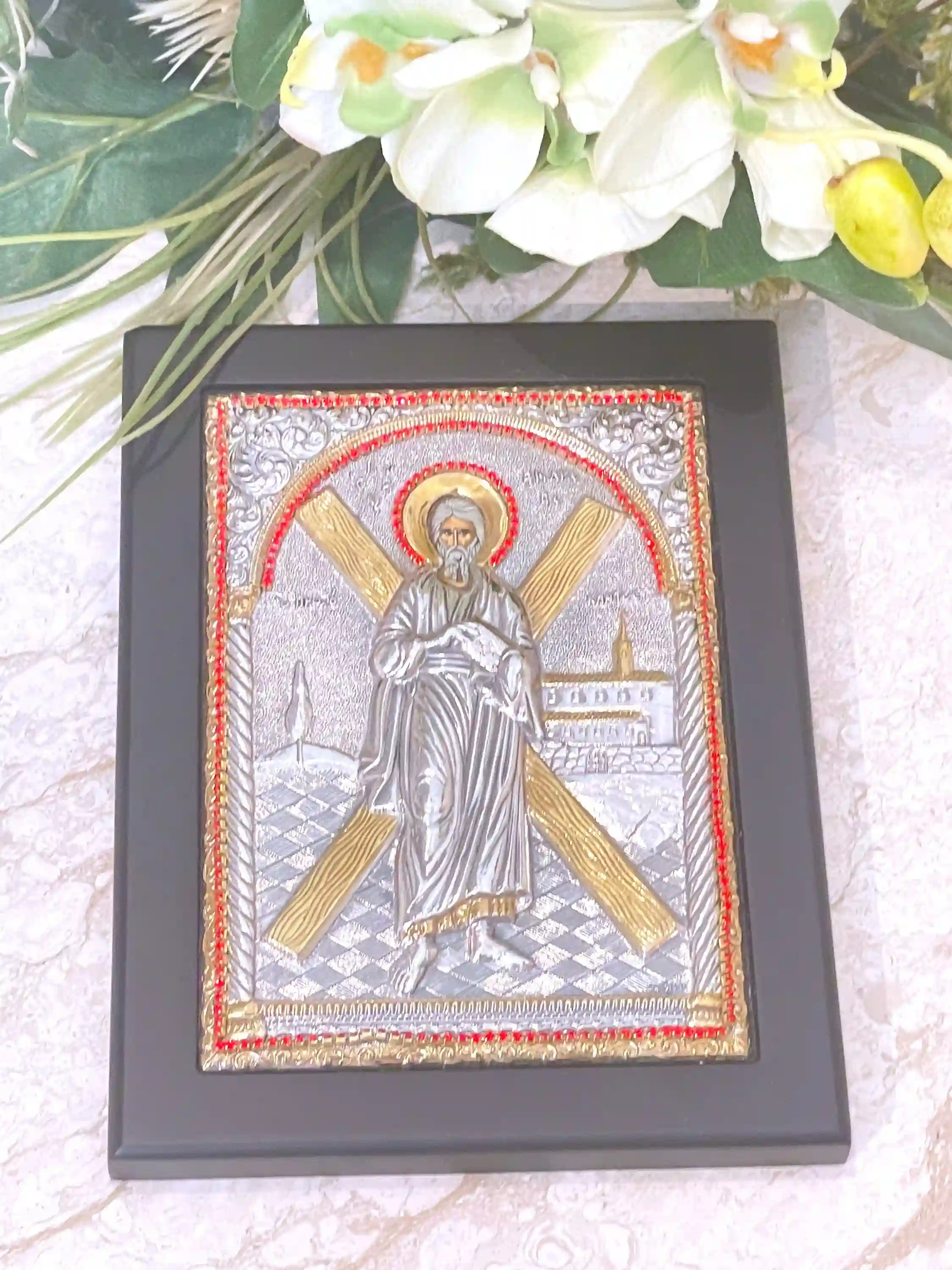 Solid SILVER Icon of Saint Andrew the Apostle Orthodox Icon St Andrew Apostle Vintage Godparent gift Orthodox Icon Christian Religious gift 
