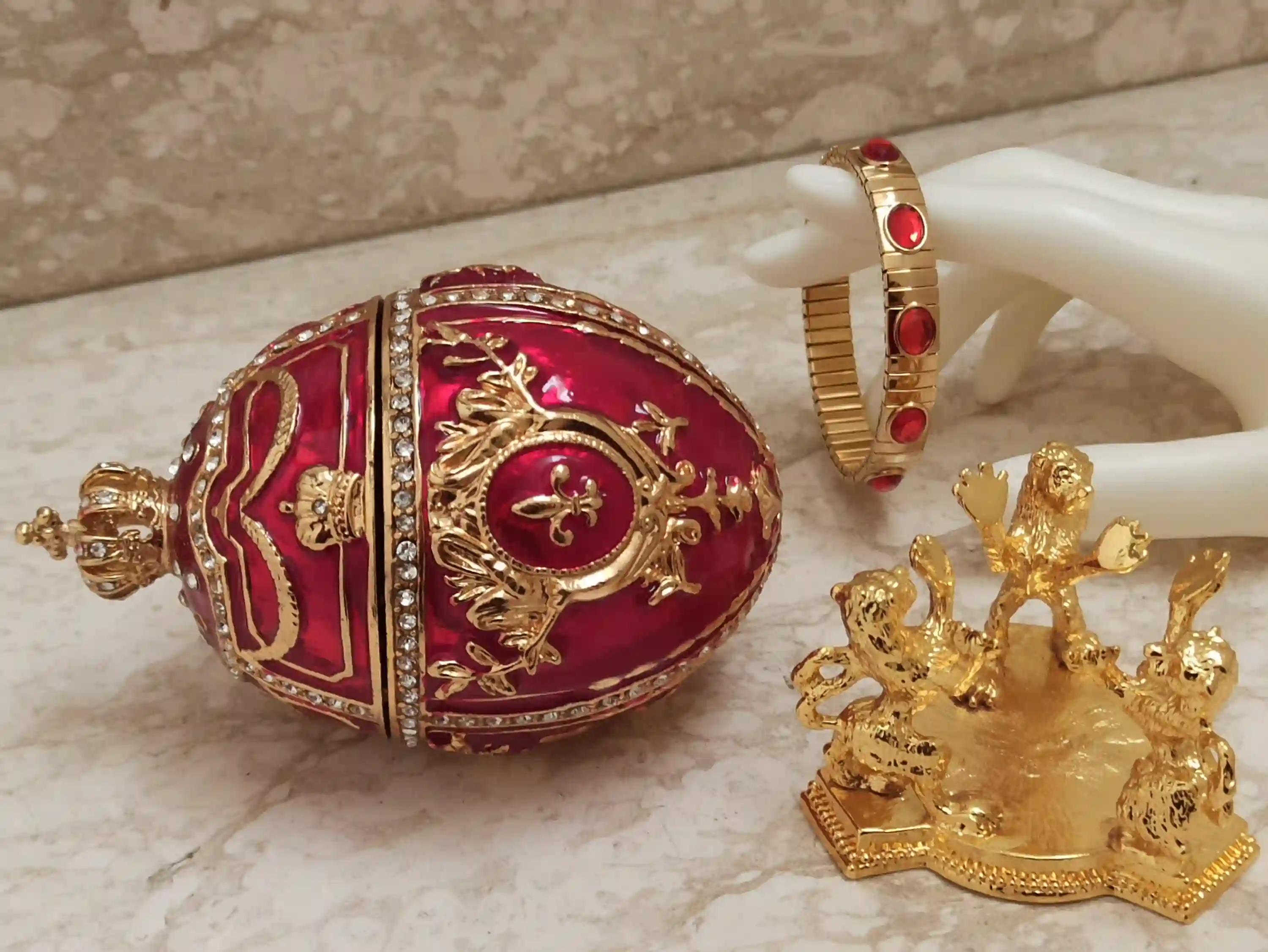 Royal Lion Trinket Easter Trinket Box Gift Love Ornament Easter Jewelry Box 24k GOLD HANDMADE DESIGNER 4ct Lion Egg & 2ct Ruby Bracelet 