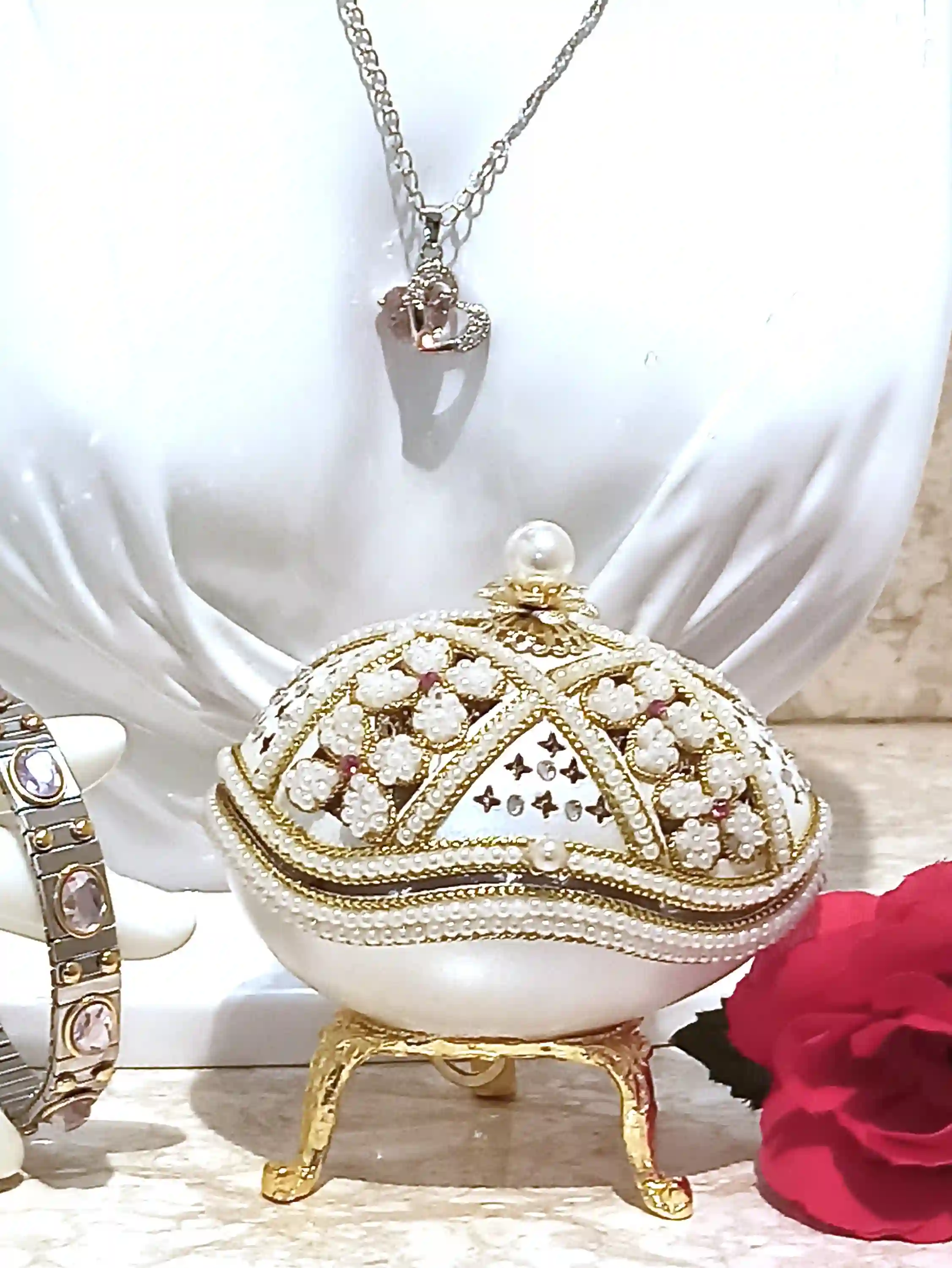 Sweet Birthday Gift for Her Pink FABERGE Egg Musical Jewelry box, Faberge Pendant HEART Necklace Silver Bracelet Pink Topaz Faberge Egg SET 