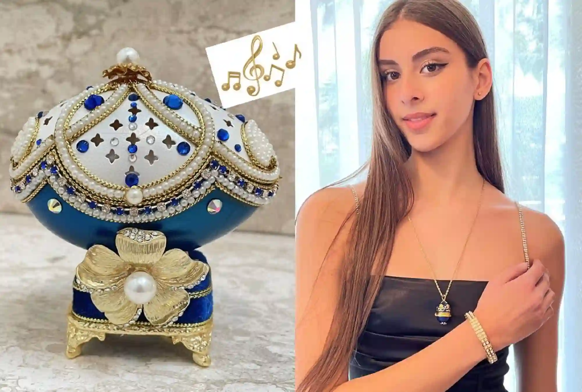 1993 Luxury Jewelry Box Faberge Egg Jewelry SET- Faberge Egg Something Blue Something New HandCarved Natural Egg 24k Gold Austrian Crystal 