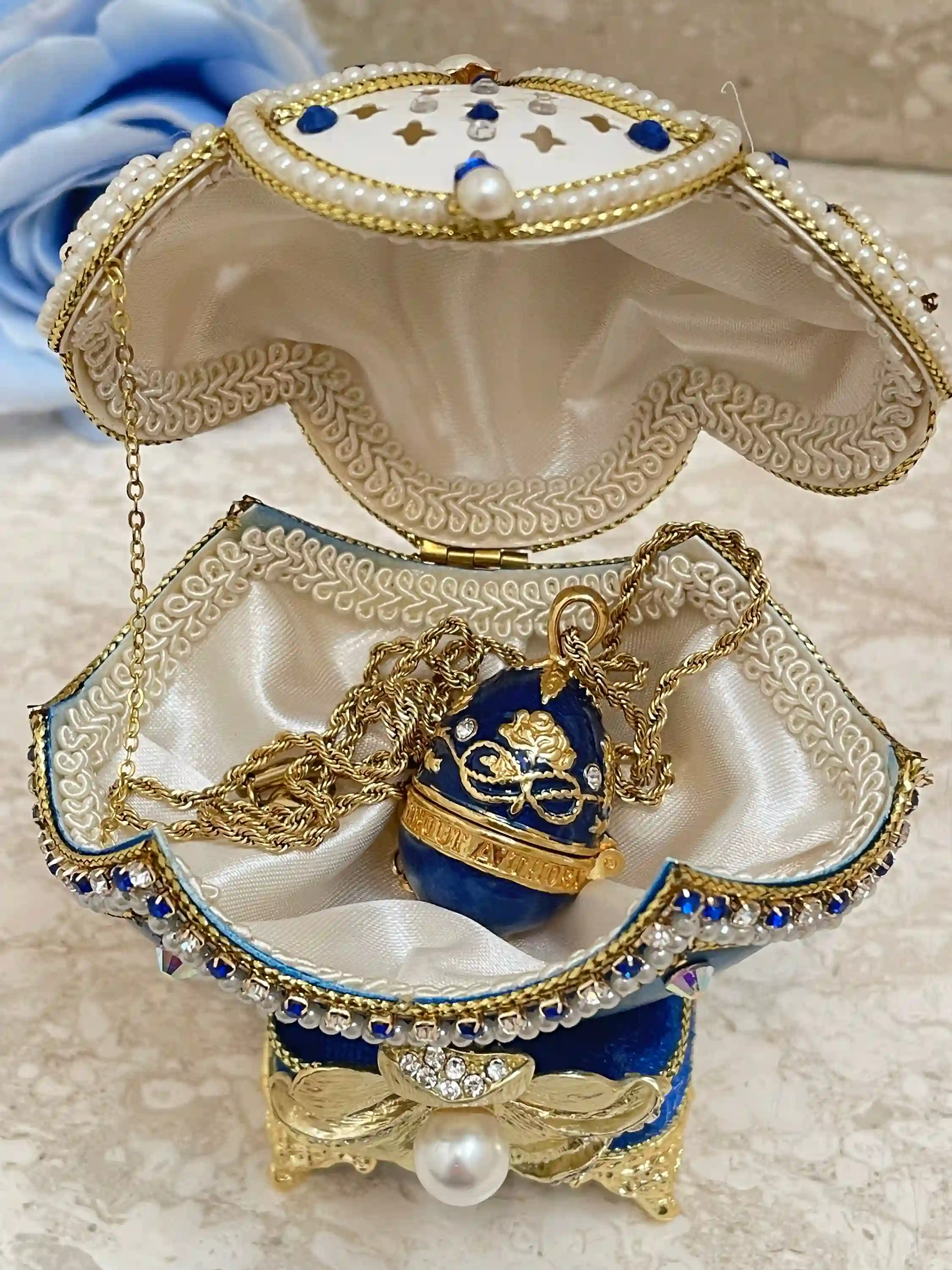 1993 Vintage Faberge-Style Egg style Music Blue Faberge Egg Collectors Box Natural Hand Carved Egg Faberge Egg Sapphire 24k GOLD gift for Birthday 