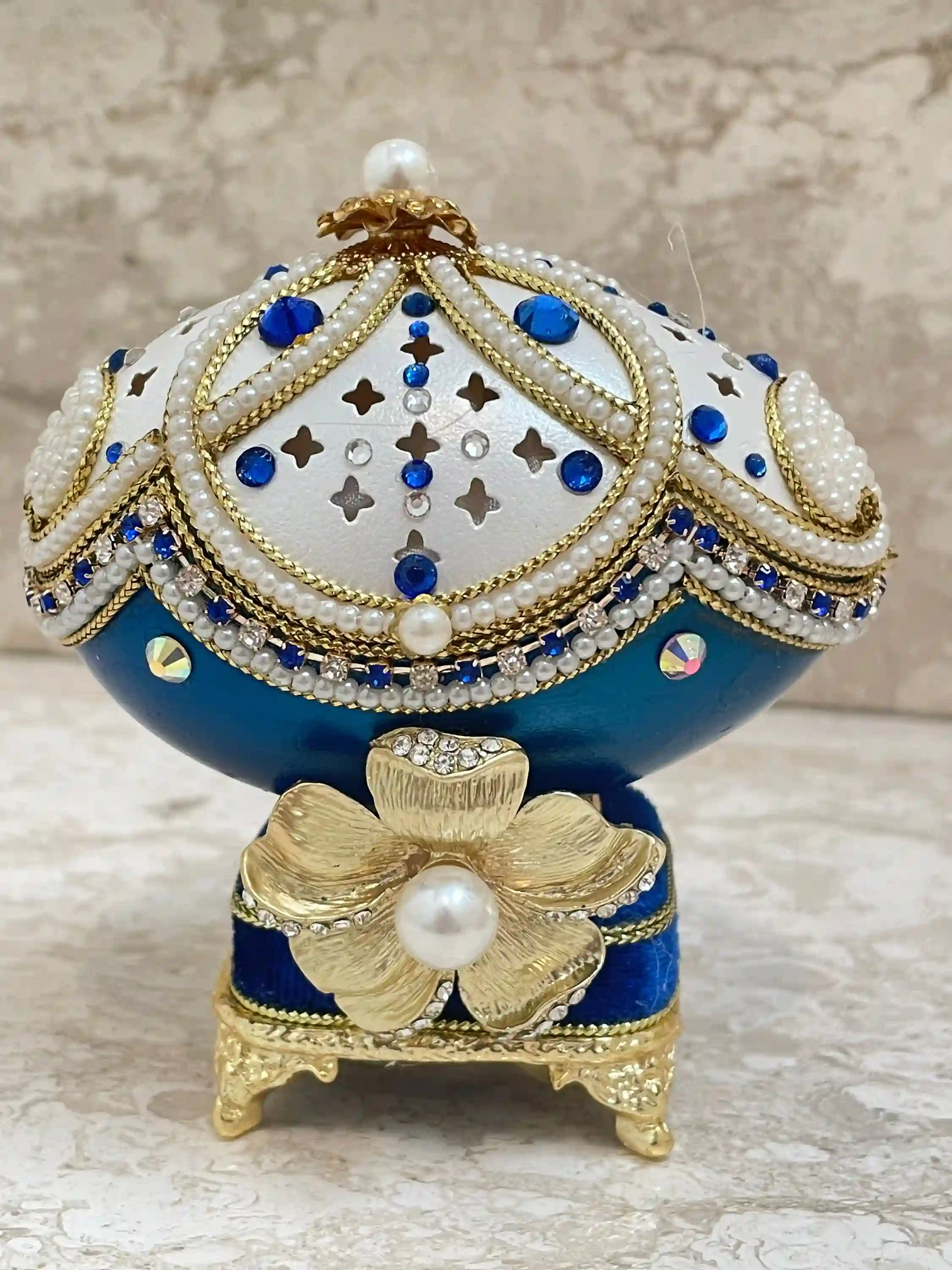 1993 Vintage Faberge-Style Egg style Music Blue Faberge Egg Collectors Box Natural Hand Carved Egg Faberge Egg Sapphire 24k GOLD gift for Birthday 