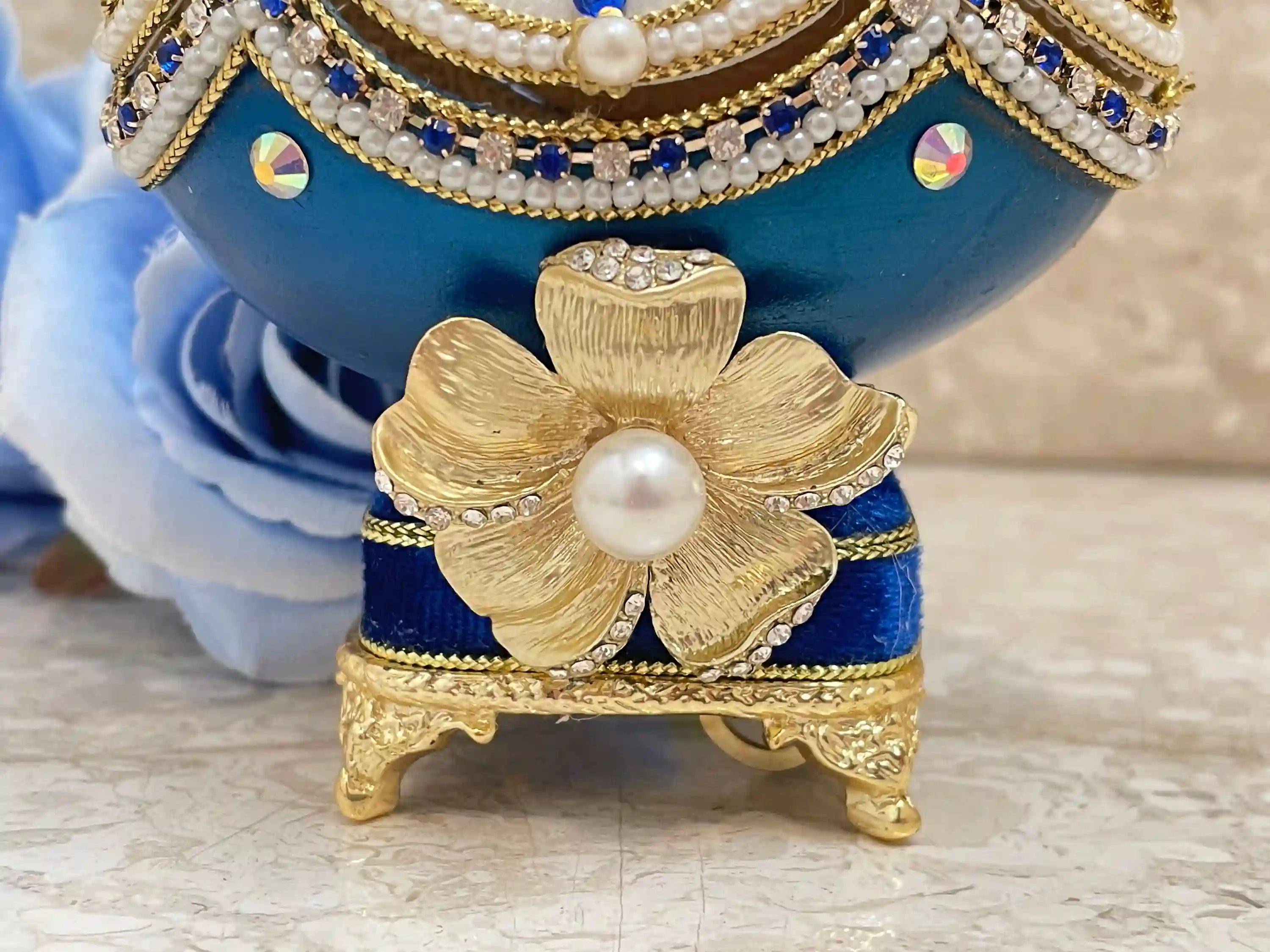 1993 Vintage Faberge-Style Egg style Music Blue Faberge Egg Collectors Box Natural Hand Carved Egg Faberge Egg Sapphire 24k GOLD gift for Birthday 
