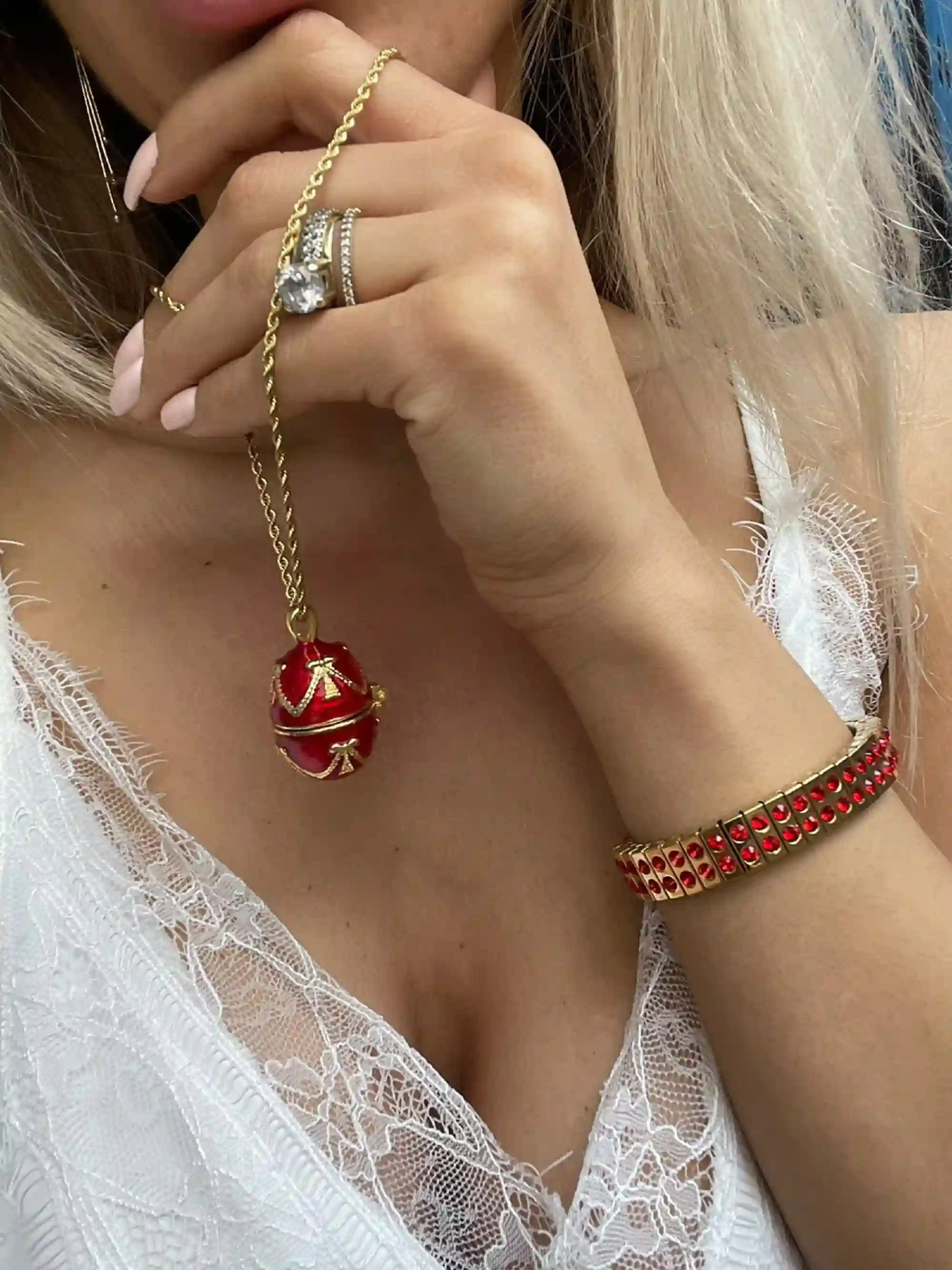 Designer Ruby,Red Faberge egg Necklace Bracelet Set, 24k GOLD,HANDMADE Jewelry,Faberge Egg style ,Birthday Fiance,Anniversary gift for wife 