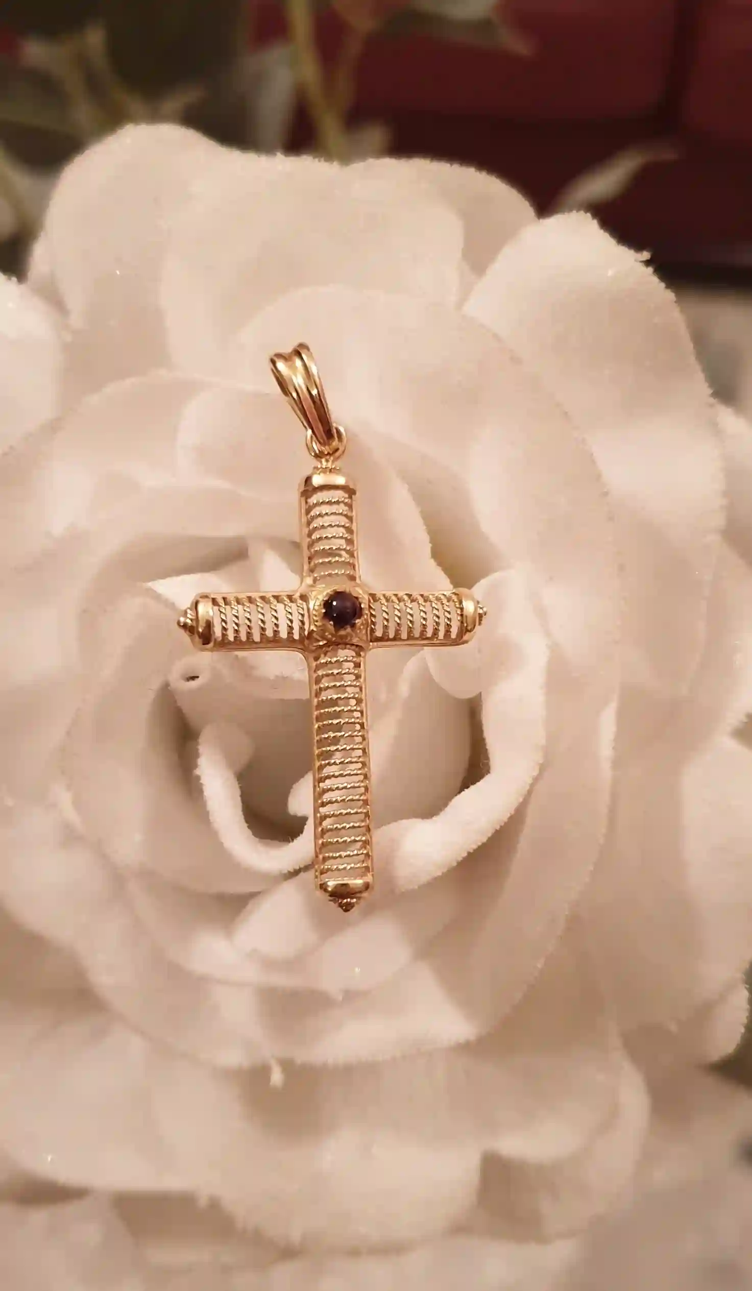 Filigree SOLID 18k gold Cross pendant woman Garnet Jewelry/Baptism gift girl HANDMADE Jewellery/ Christening gifts girls Religious Jewelry 