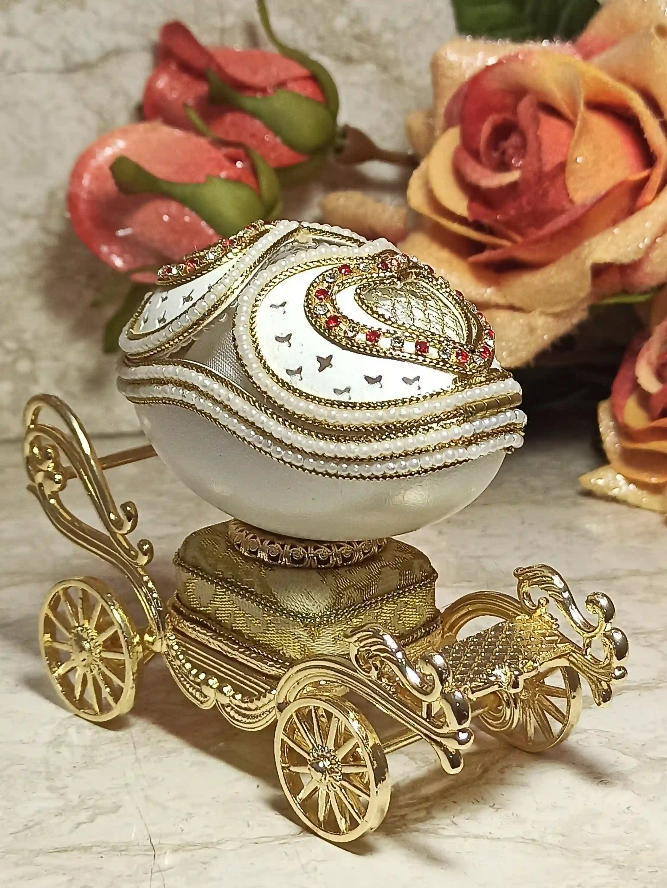 Faberge egg Musical Jewelry Box 24k GOLD REAL Egg HANDCARVED Faberge Egg Gift for mum Unique wedding gift Wife Anniversary Best mom gift 