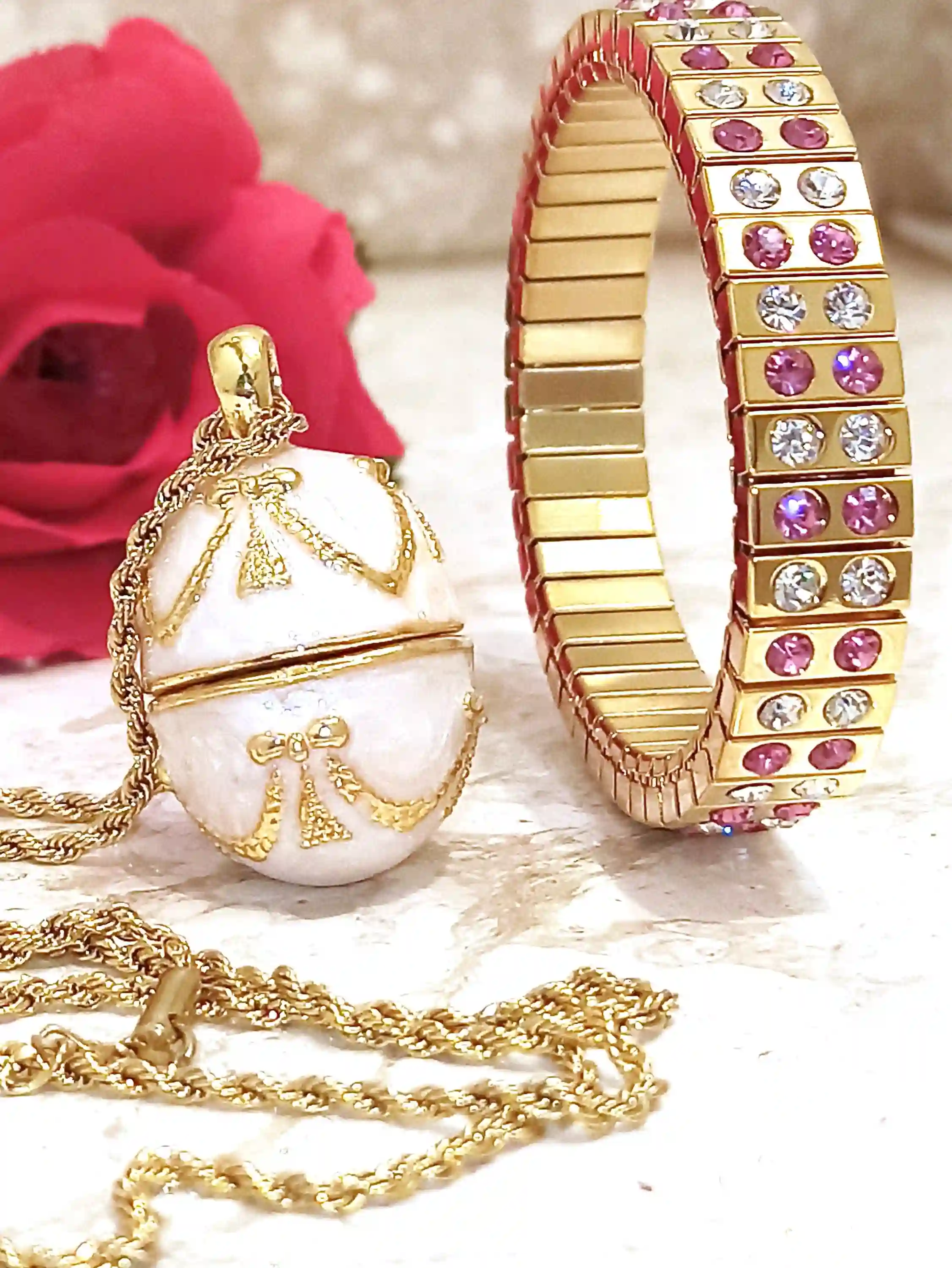 Pink Faberge-Style egg Jewelry Maid of Honor Proposal BridemÃ id gift for Wedding day Faberge NECKLACE BRACELET set 24k GOLD Pink Topaz Birthday 