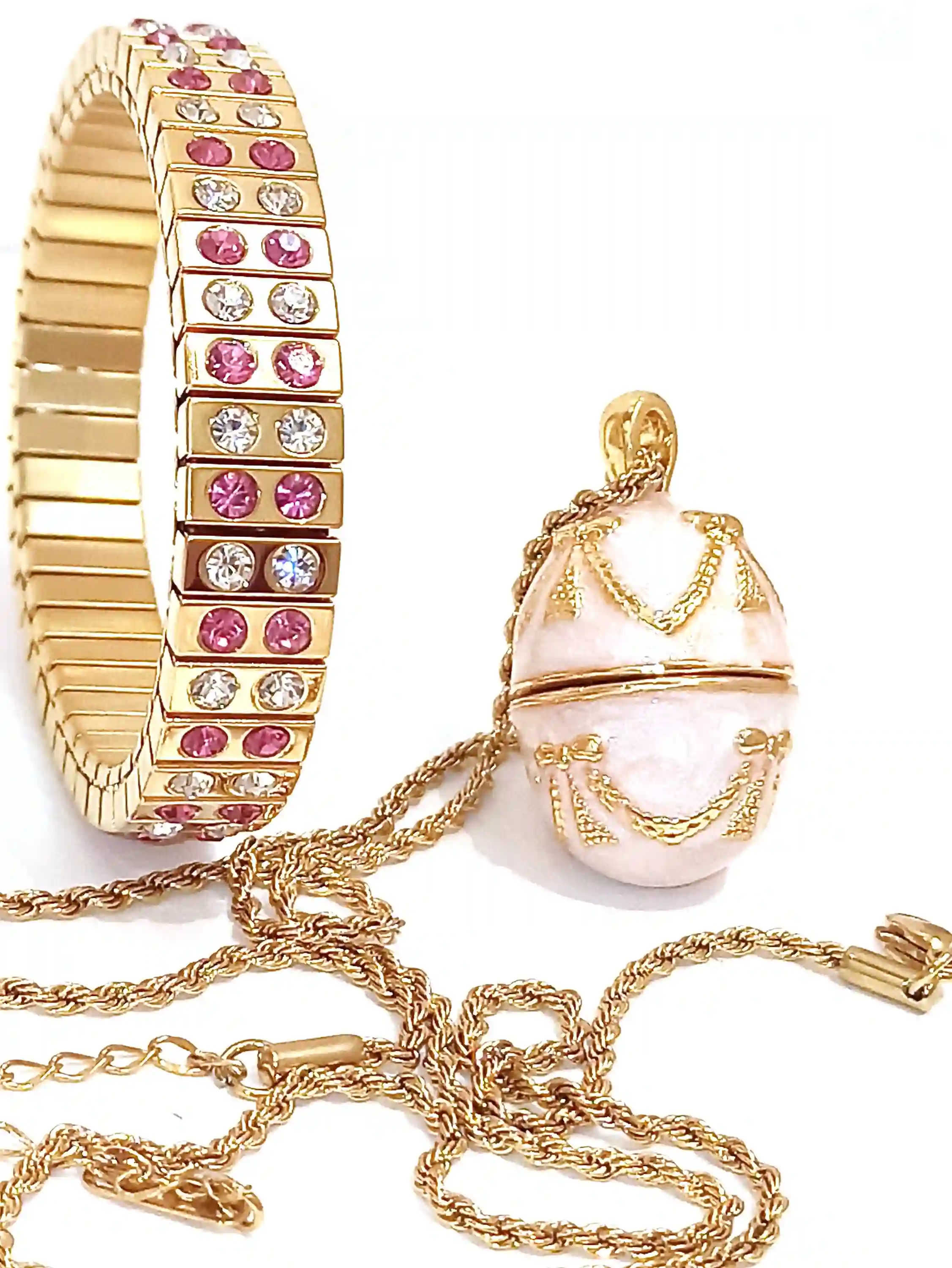 Pink Faberge-Style egg Jewelry Maid of Honor Proposal BridemÃ id gift for Wedding day Faberge NECKLACE BRACELET set 24k GOLD Pink Topaz Birthday 