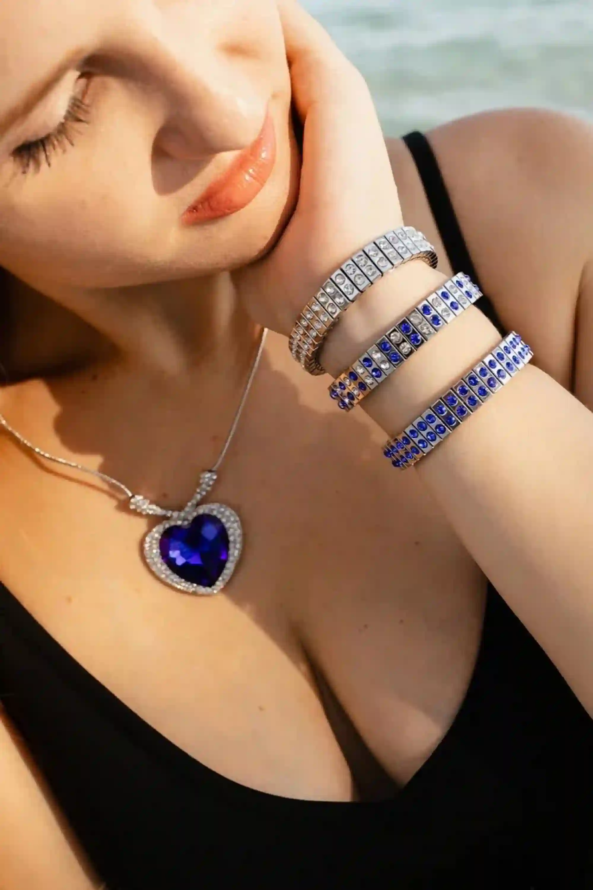SAPPHIRE Heart, Silver Heart Necklace SET, 3 Sapphire Silver Bracelets & Silver Earrings, HANDMADE, Heart gift Idea, Her, Gift for Christmas 