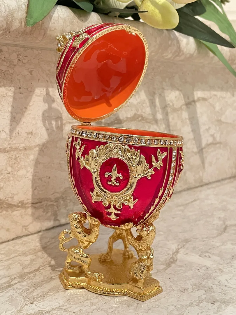 Ruby Red Faberge Egg Mom Birthday Gift Faberge Trinket Box 24k Gold 200 Austrian Crystal Handset Fabergé Love Gifts for Wife Handmade Ornament