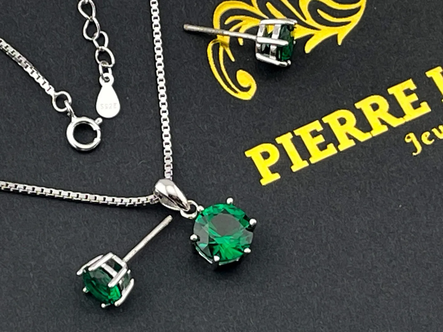 Pierre Lorren 2ct Natural Emerald Necklace and Earrings Set. Real Emerald Pendant, Handmade Jewelry for Bride and Bridal Shower Gifts for Daughter. Total Carat Weight: 4ctw.