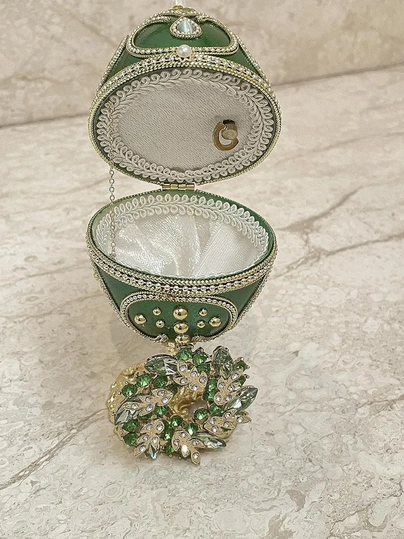 Emerald Faberge Egg Ornament, Faberge Home Decor Gift for Women, Faberge Egg Green, Faberge Egg Jewelry Box & Necklace, Graduation Gift for Her.