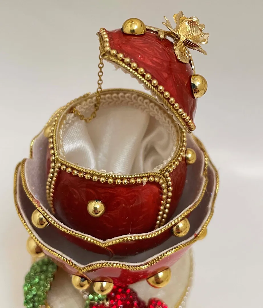 Red Fabergé egg style, Limited edition, Faberge Eggs Vintage, Musical Rose Jewelry gift box, Hand-Carved Natural Real Egg, 24k Gold Handmade.