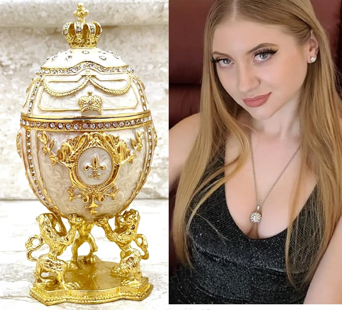 Imperial Off-White Fabergé Egg style GOLD 4ct Collectors Egg Fabergé Eggs & Silver Jewelry Fabergé Egg Trinket Box 200 Swarovski HANDMADE SET