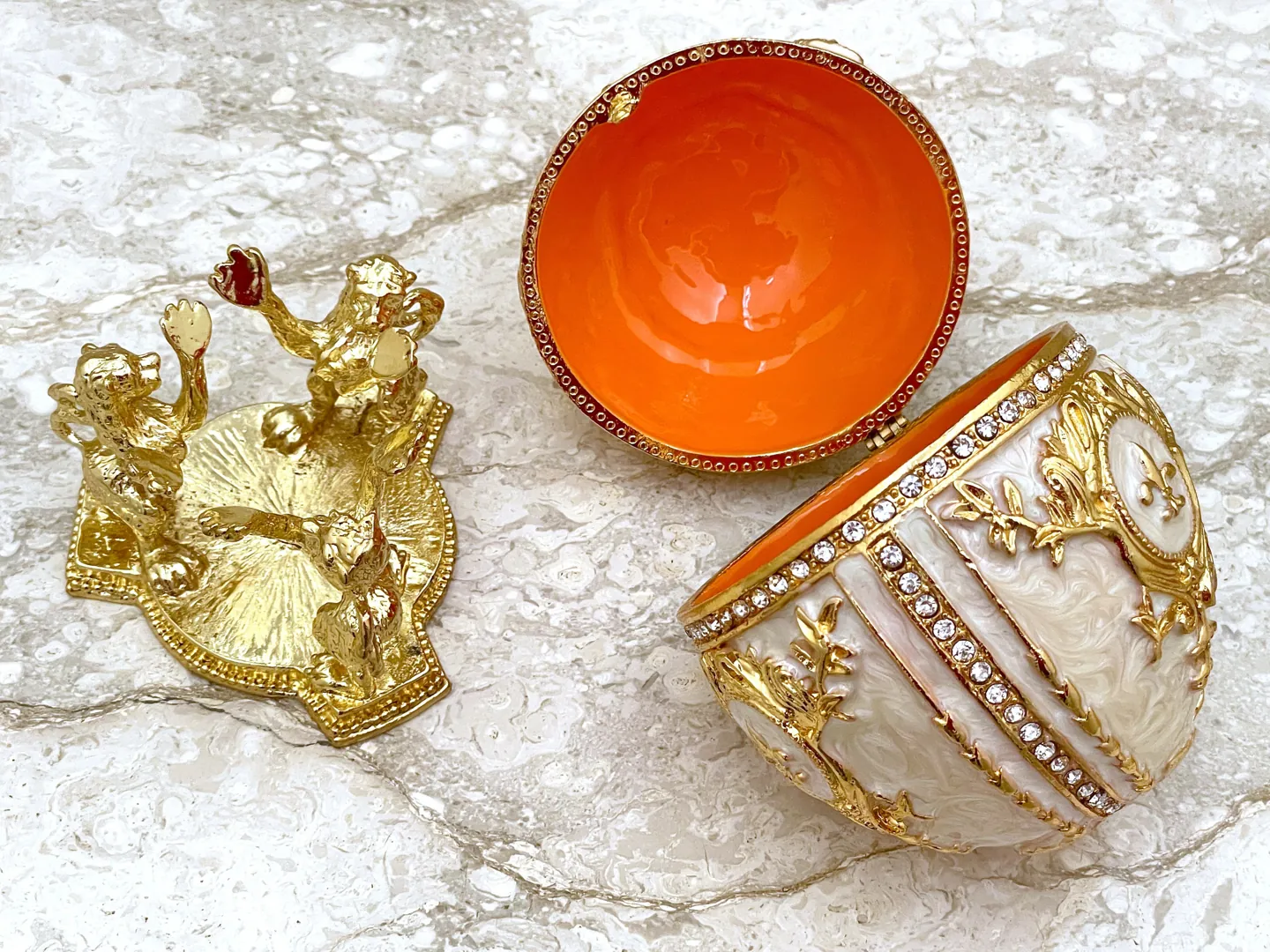 Imperial Off-White Fabergé Egg style GOLD 4ct Collectors Egg Fabergé Eggs & Silver Jewelry Fabergé Egg Trinket Box 200 Swarovski HANDMADE SET