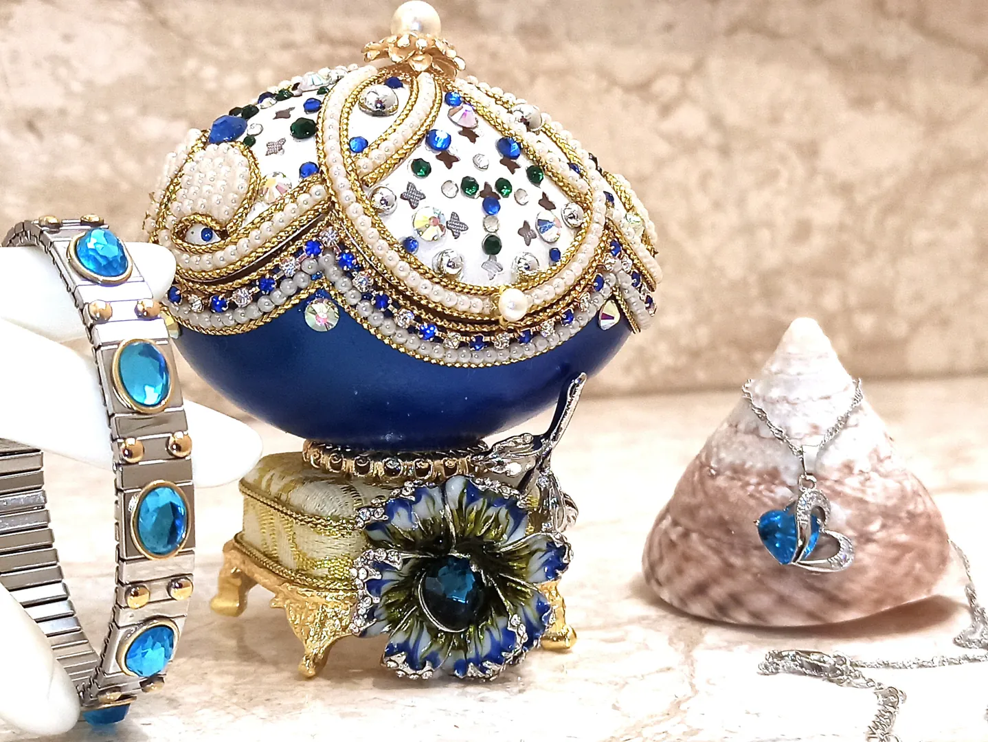 One Of a Kind - Faberge Egg - 24k Gold - Faberge Egg Music Box - Sterling Silver Jewelry - Blue Necklace - Silver, Topaz Bracelet - Faberge Style
