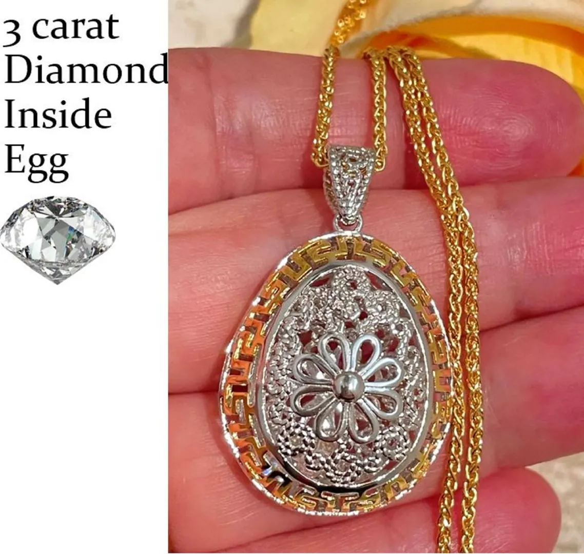 3ct Fabergé Egg Necklace, Sterling Silver Fabergé Egg Pendant, Diamond Necklace for Women, Fabergé Jewelry, Handmade, Fabergé Egg Style Egg.