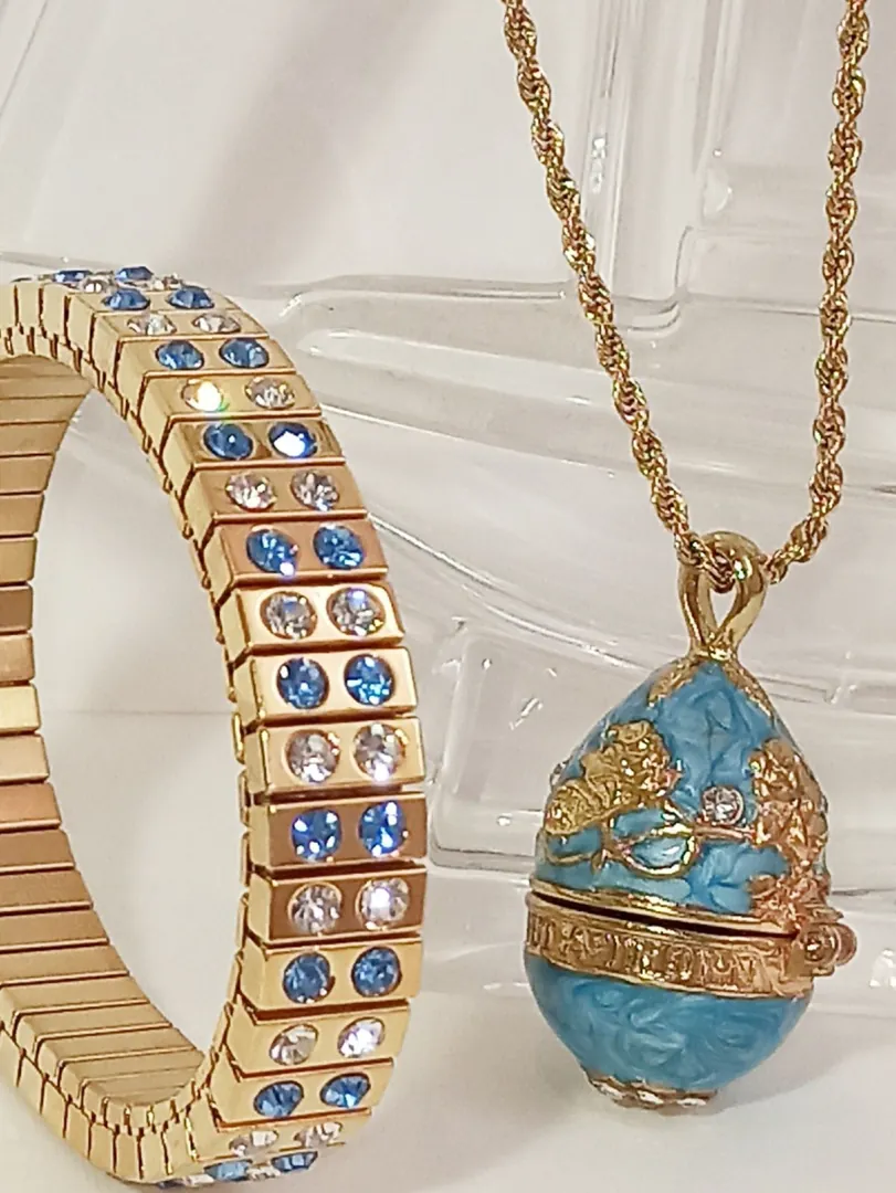 Artisan Handmade Jewelry, Faberge Egg Pendant Necklace & Gold Bracelet Set for Women, Blue Birthday Gifts for Her, Blue Necklace Set, Fabergé.