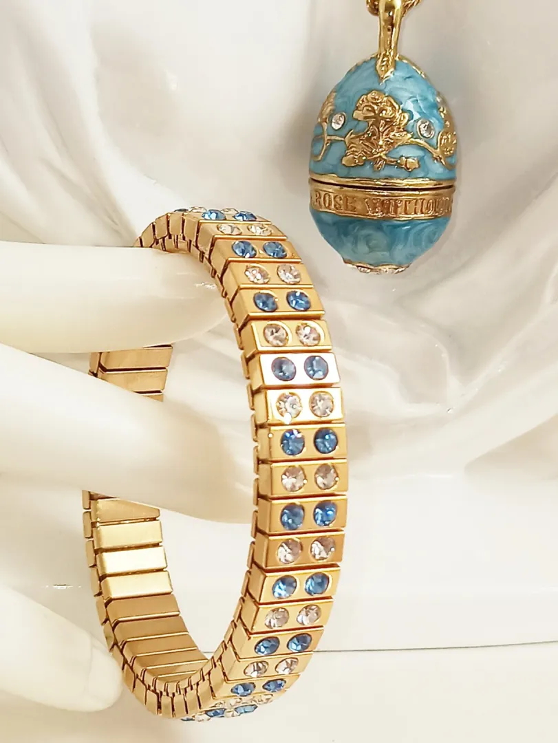 Artisan Handmade Jewelry, Faberge Egg Pendant Necklace & Gold Bracelet Set for Women, Blue Birthday Gifts for Her, Blue Necklace Set, Fabergé.