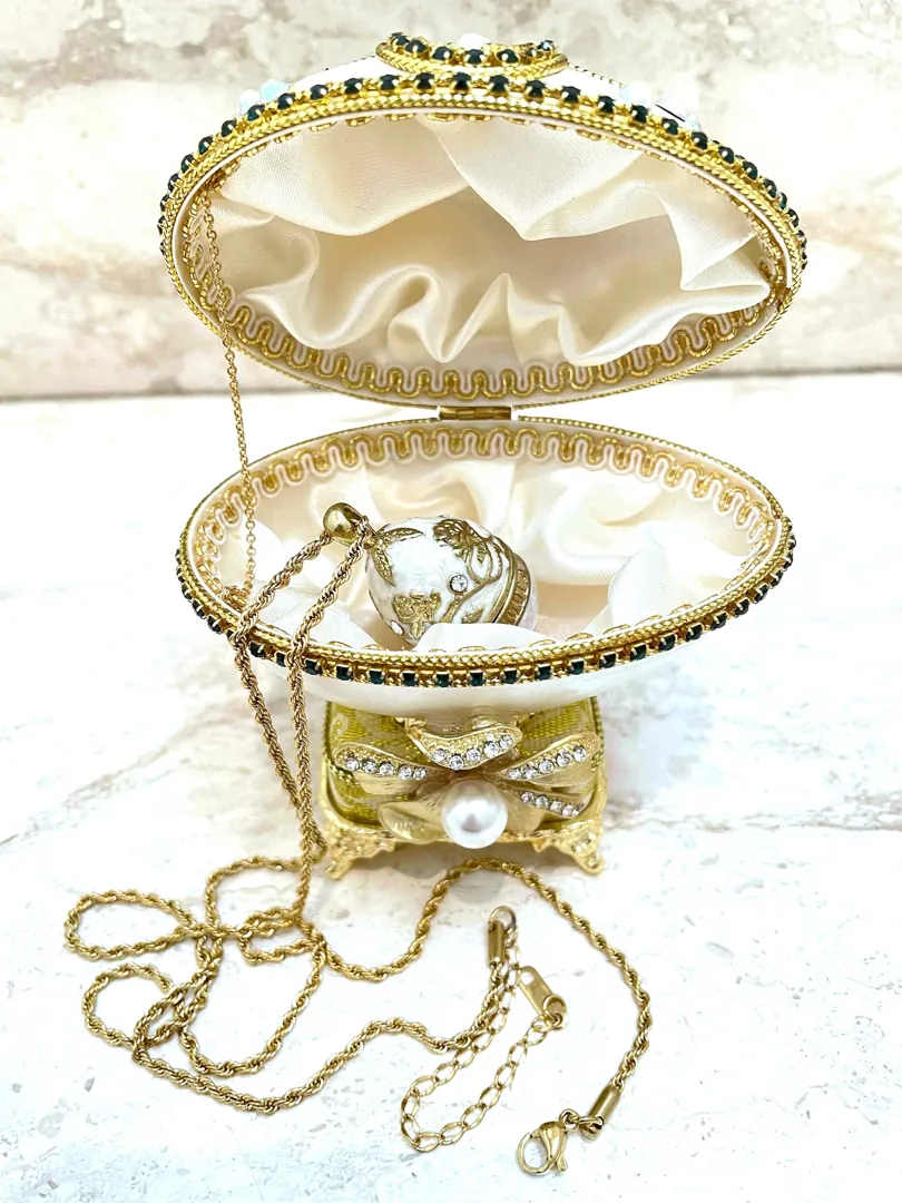One of a Kind Wedding Gifts for Bride - Faberge Egg - Handcarved Natural Egg - Faberge Egg Music Box - Faberge Eggs Necklace Set - 24k Gold