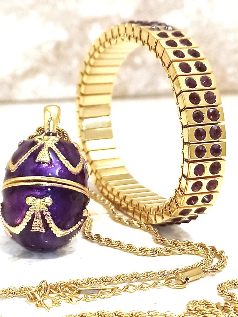 Gold Amethyst Necklace - Faberge Egg Pendant - Amethyst Bracelet - 24K Gold - Handmade Bracelet - Bridal Shower Gift - Gift for Women - Gift for Her