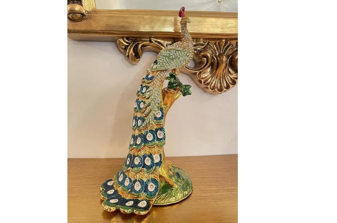 Unique 24k Gold Peacock HANDMADE LARGE Faberge Style Egg Luxury Jewelry Box Fabergé Egg 840 Swarovski Diamond Handset Mothers Day Gift