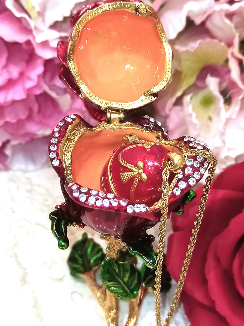 7ct Faberge egg, Ruby gift, luxury gift for her, rose jewelry box, Faberge egg necklace, bracelet, 24k gold, handmade, Christmas gift for wife.