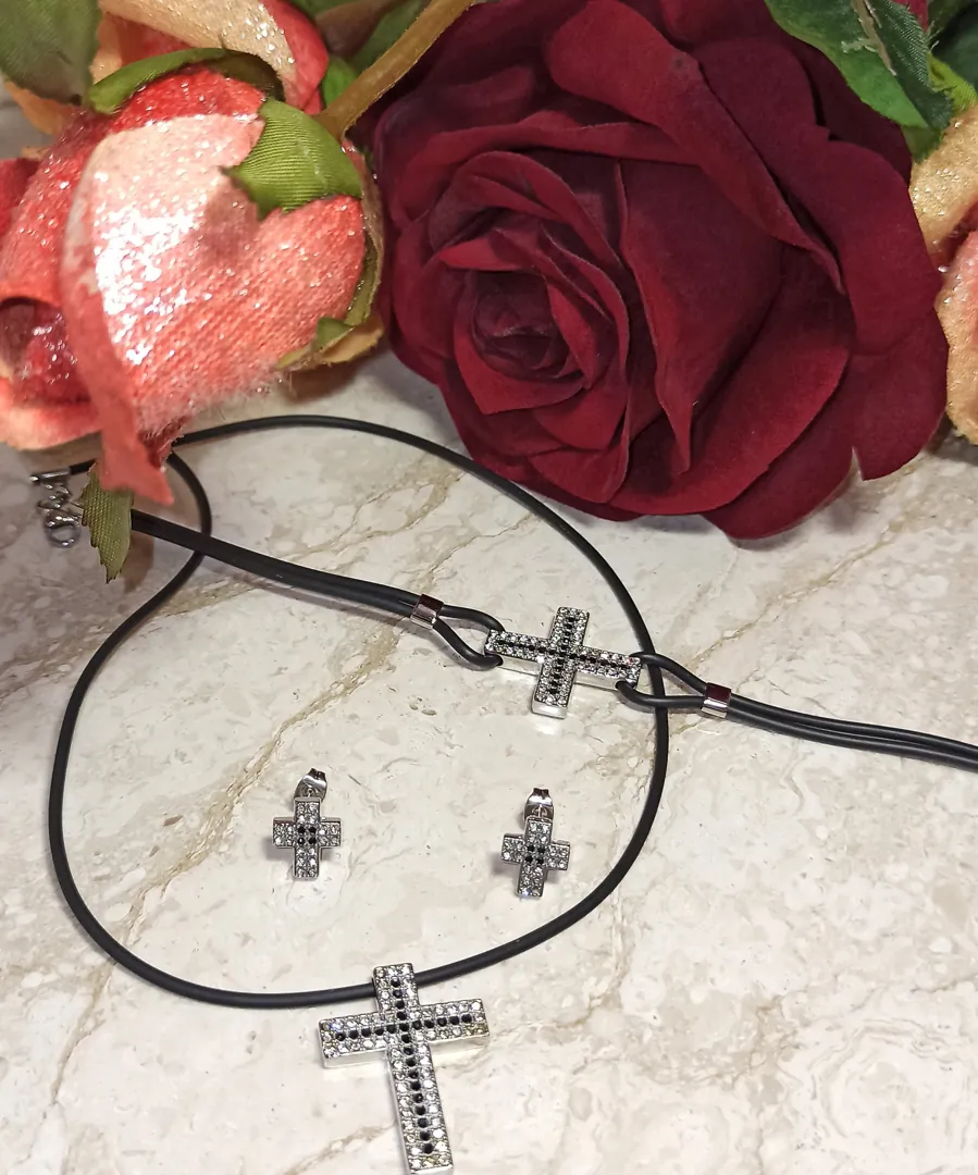 SILVER Modern CROSS Necklace set for women Swarovski Diamonds 1.64ct / Christian Jewelry / Cross Pendant Necklace Bracelet Earrings Silver Gift