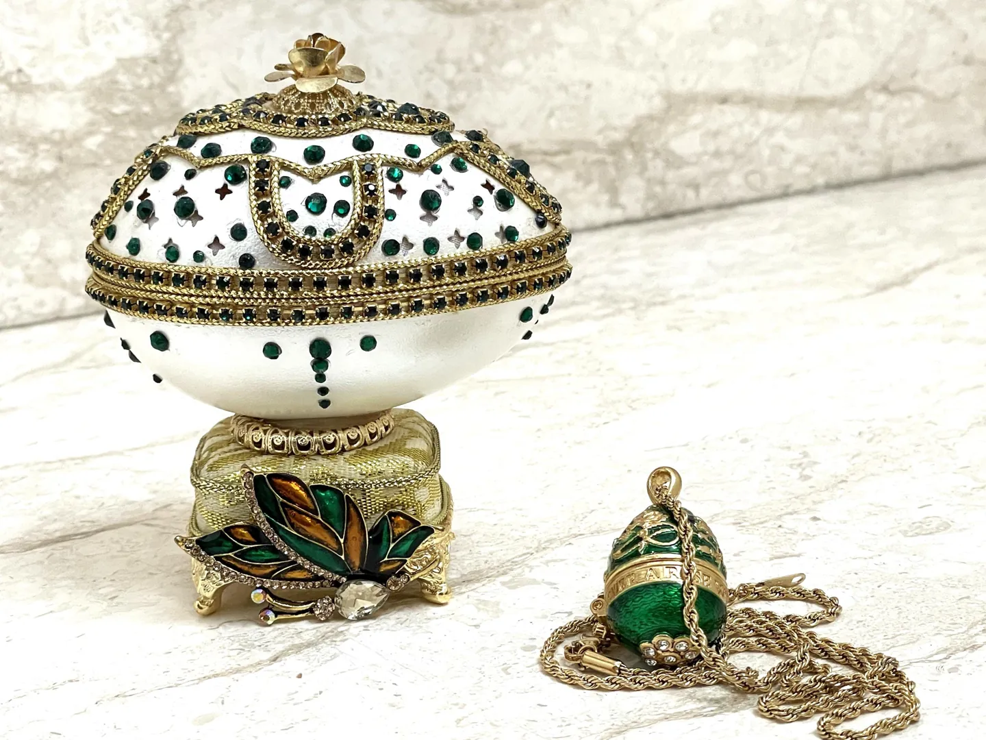 One Of a Kind Fabergé Egg Style Jewelry Box Set Emerald Fabergé Egg Necklace Musical Silk Interior Pure Gold Decor Christmas Gift for Women