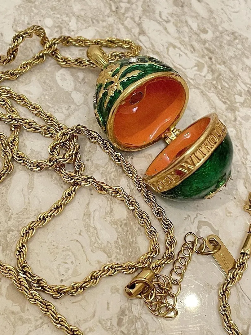 One Of a Kind Fabergé Egg Style Jewelry Box Set Emerald Fabergé Egg Necklace Musical Silk Interior Pure Gold Decor Christmas Gift for Women