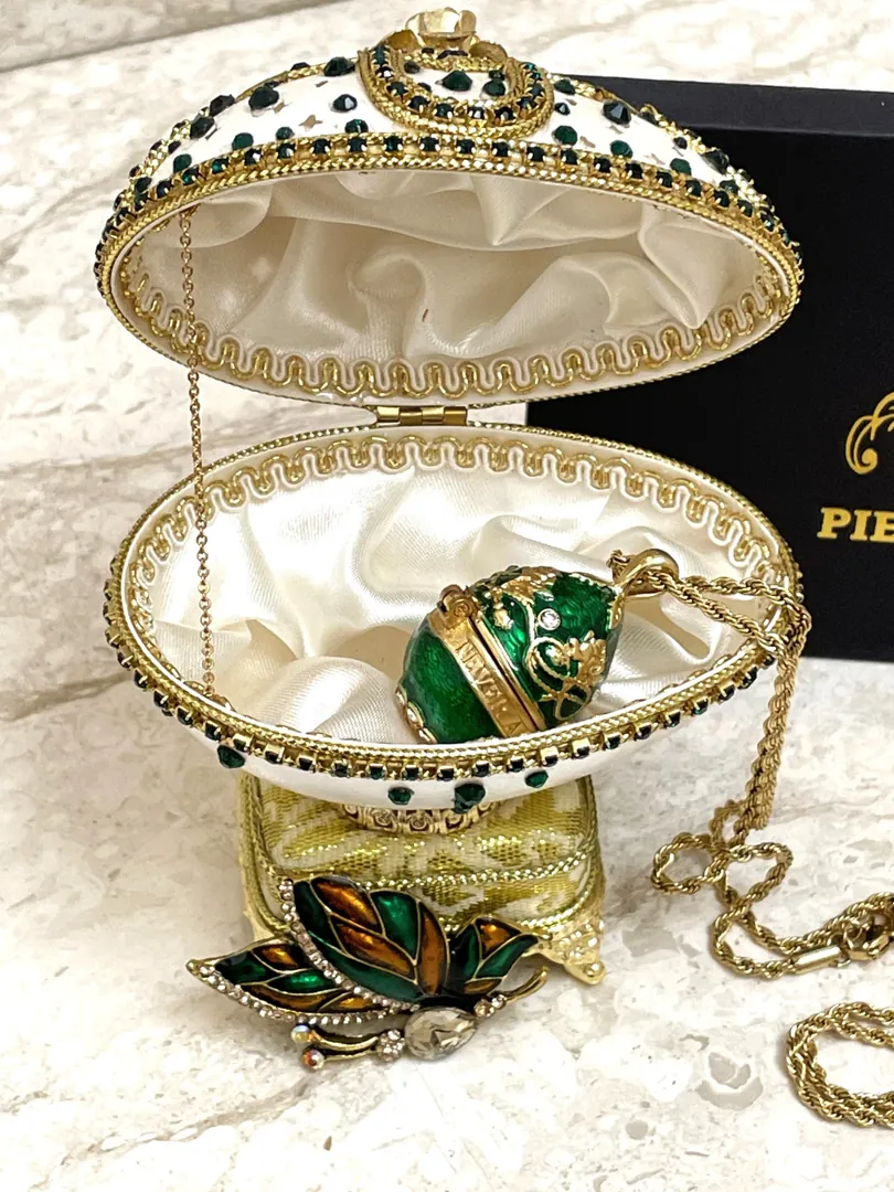 One Of a Kind Fabergé Egg Style Jewelry Box Set Emerald Fabergé Egg Necklace Musical Silk Interior Pure Gold Decor Christmas Gift for Women