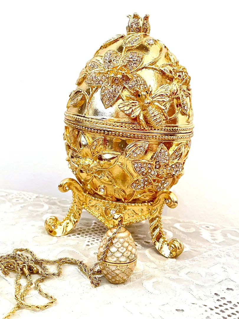 Exquisite Faberge Egg GOLD 24k Fabergé Egg Pendant + Faberge Egg Style Pomegranate + Good Luck Wedding Ring Box 450 Crystal Diamonds Handset