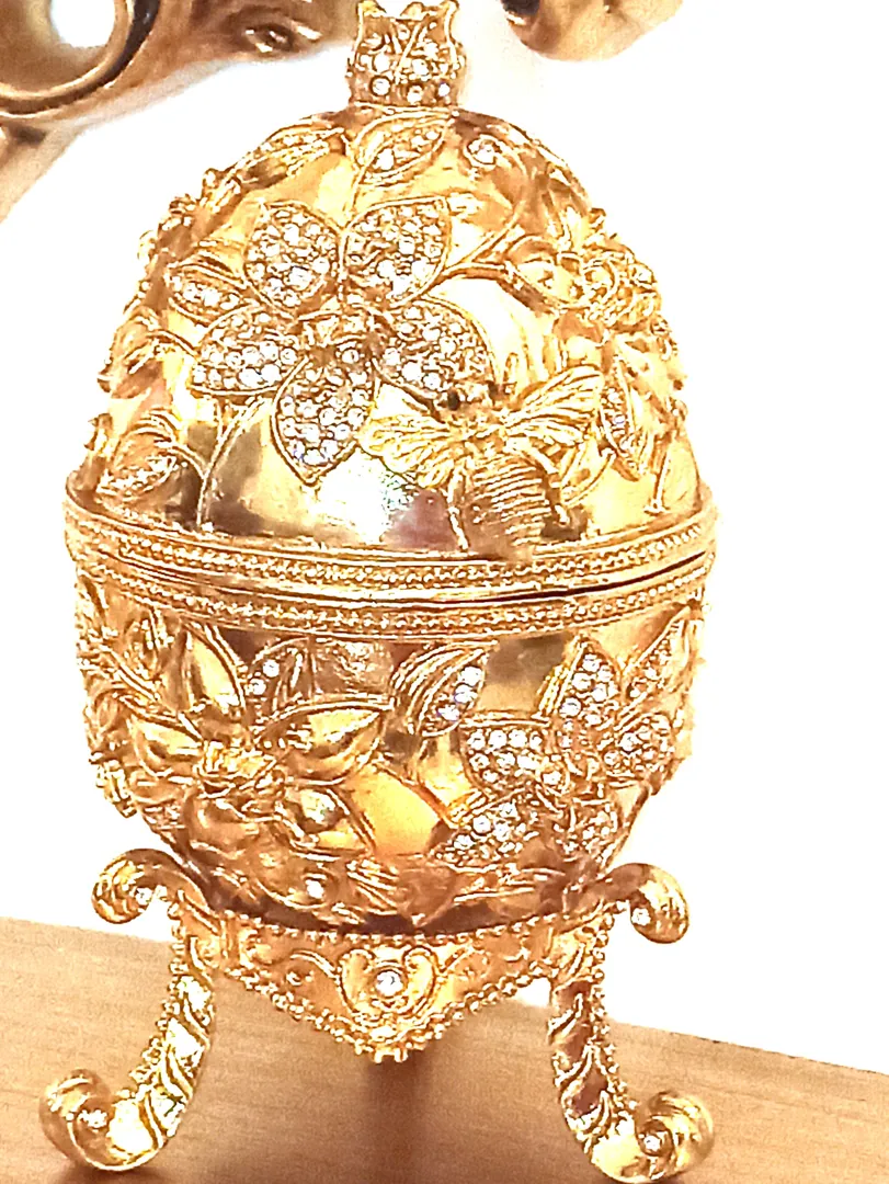 Exquisite Faberge Egg GOLD 24k Fabergé Egg Pendant + Faberge Egg Style Pomegranate + Good Luck Wedding Ring Box 450 Crystal Diamonds Handset