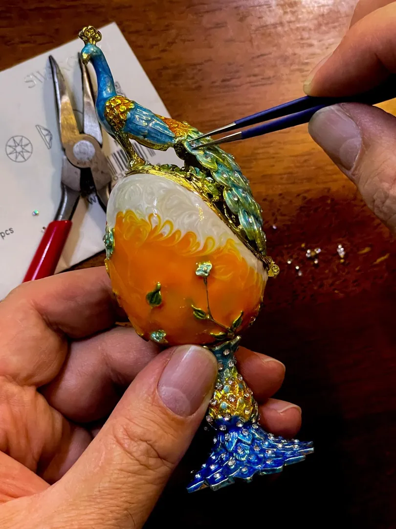 PEACOCK  PierreLorren Faberge Easter Eggs Russian Faberge style Swarovski Pure GOLD Handmade Son Birthday Protection Wealth LUCK Anniversary Gift Men