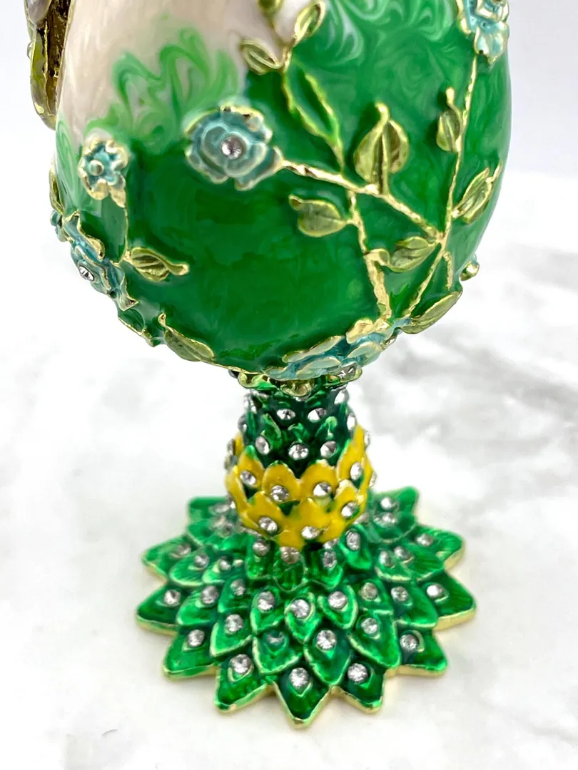 PEACOCK  Designr Green Faberge Easter Eggs in the Russian Faberge style, featuring Swarovski elements and pure gold decoration. This handmade piece makes a perfect graduation luck gift for your daughter by Pierre Lorren.