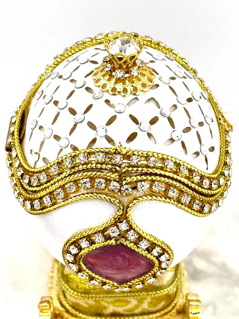 1985 Vintage Russian Faberge Egg Music Box Natural Fabergé Style Egg Pure Gold Decor Austrian Crystal Diamond Wedding Gift by Pierre Lorren