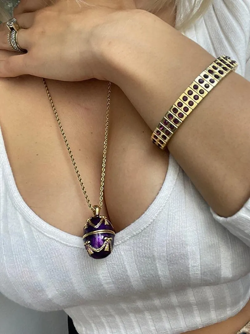 One of a Kind, Fabergé Egg Style Jewelry Box Set, Amethyst, Fabergé Egg, Musical, Fabergé Egg Box & Handmade Bracelet, 24K Gold, Handcarved.
