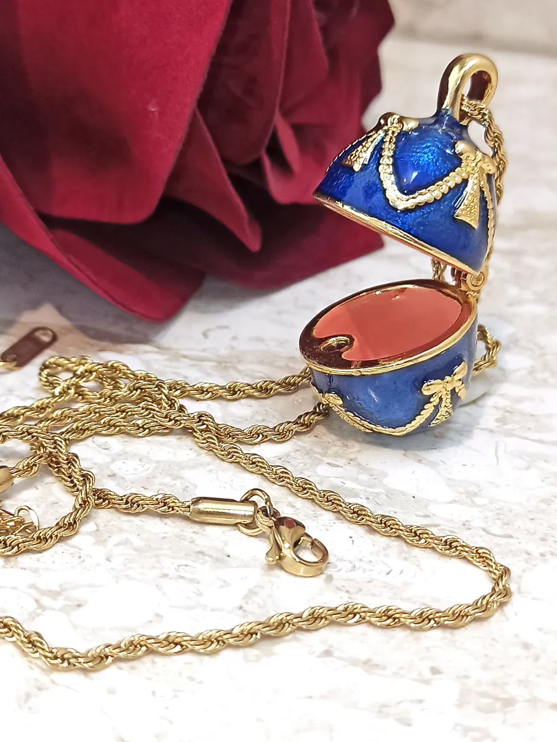Luxury SAPPHIRE Blue Necklace - 24k GOLD - Guilloché Enamel - Faberge Egg Pendant Necklace Blue - 23.5