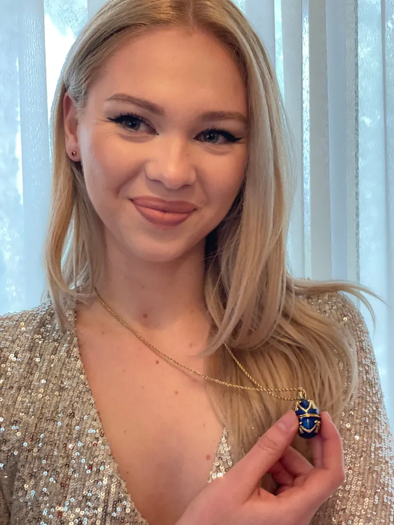 Luxury SAPPHIRE Blue Necklace - 24k GOLD - Guilloché Enamel - Faberge Egg Pendant Necklace Blue - 23.5