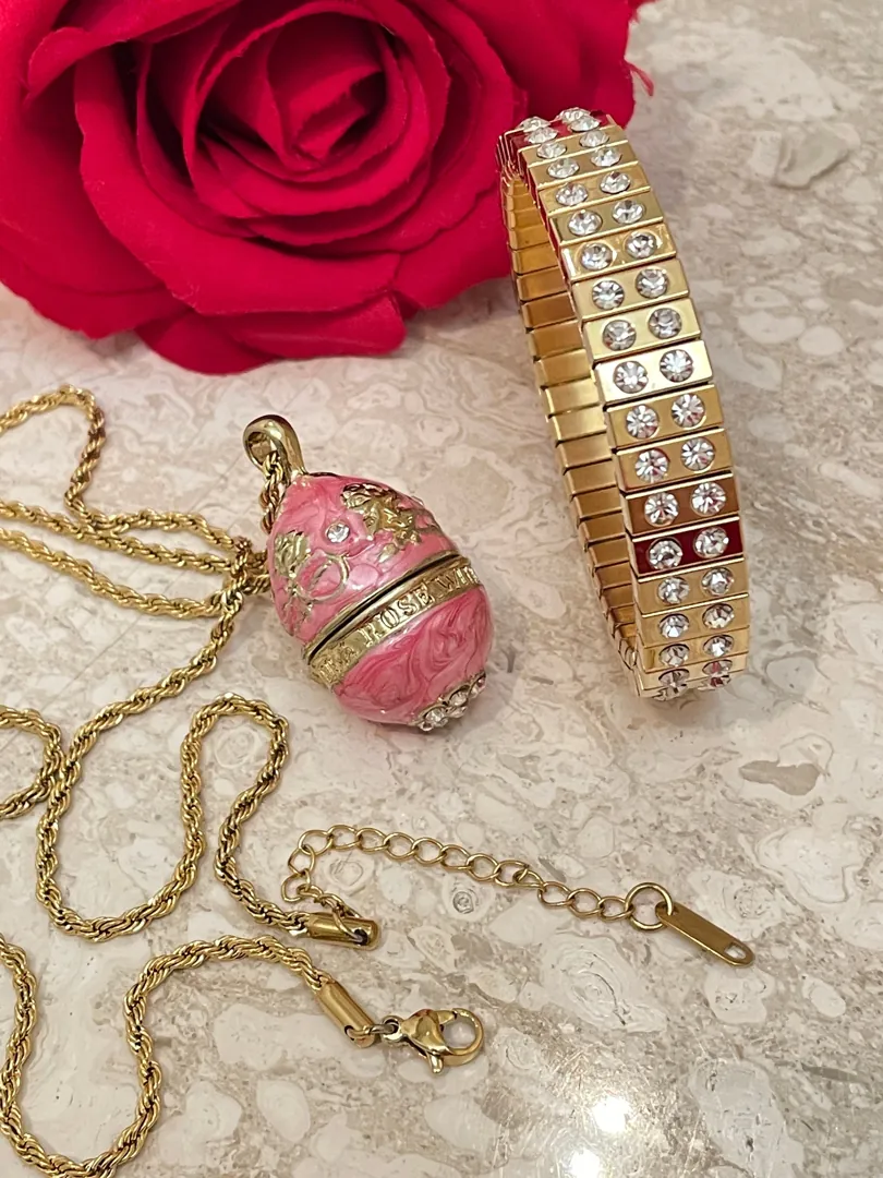 Faberge Egg Necklace Pink Jewelry Set: Faberge Egg Pendant & Bracelet in Gold with 114 Austrian Crystals. Handmade Push Present for Mother in 24k.