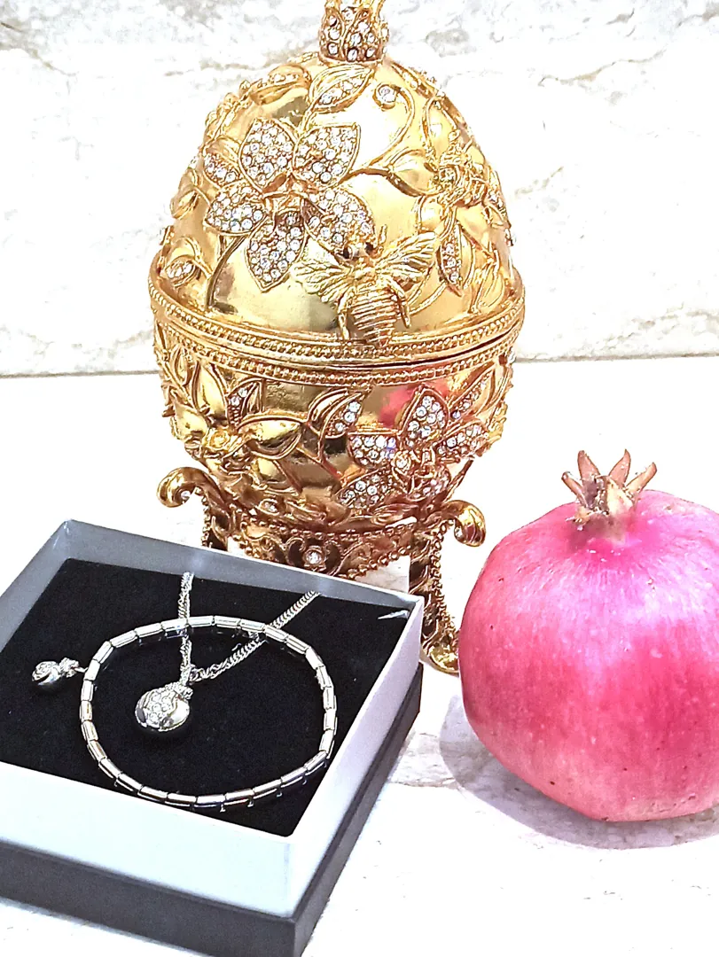 Pomegranate, Faberge style egg, Pomegranate ornament, 24k gold, Fabergé egg, Pomegranate trinket box, Faberge jewelry, bracelet, necklace set.