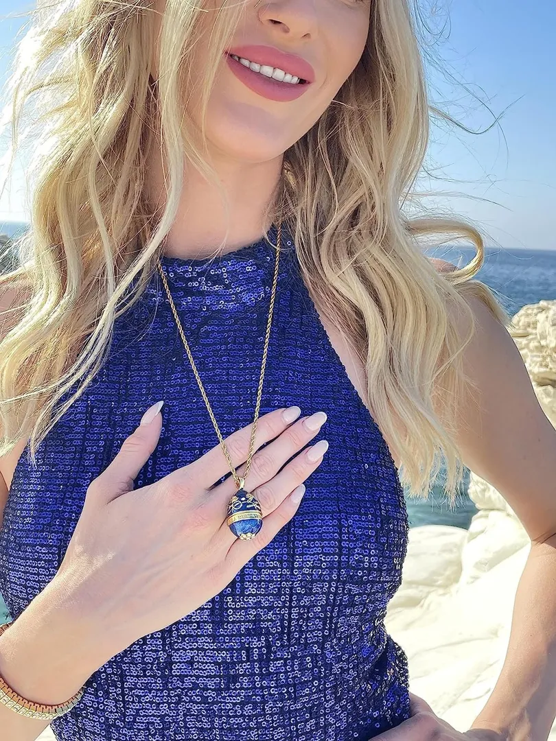 Designer Blue Faberge Egg Necklace, Something Blue Faberge Egg Pendant Gift for Her, 114 Austrian Crystal Handmade Sapphire Necklace and Bracelet.