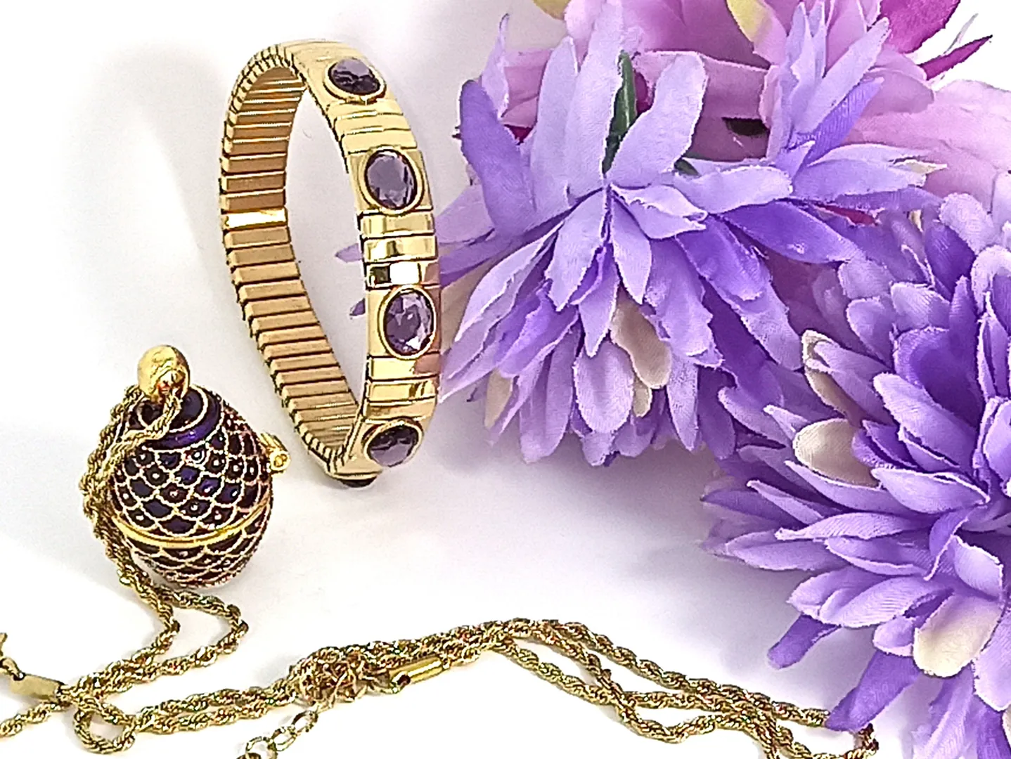 Imperial Jewelry Faberge Egg Necklace Set - 24k Gold + Amethyst Bracelet, Fabergé Egg, Romanov Jewelry, Valentine Day Gift for Her