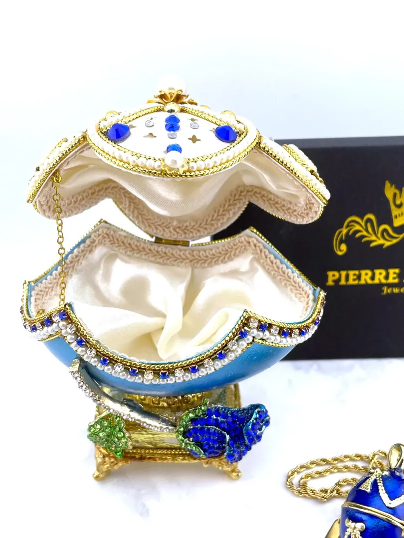 1985 Blue Antique Faberge Egg, Faberge Musical Egg, Collector's Item, Faberge Style Easter Egg, 40th Birthday Gift, Faberge Necklace Set, Gift for Her.