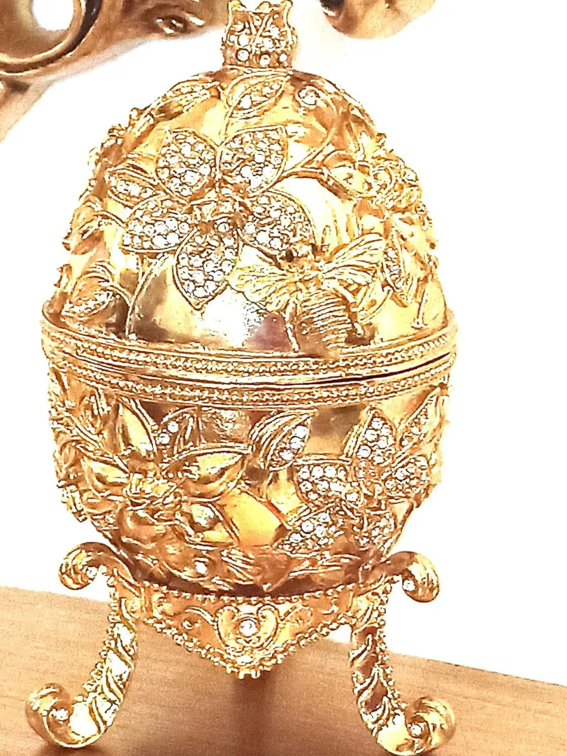 Vermeil Gold Faberge Jewelry Box Pomegranate Collector Retirement Mom Gift New Beginnings Gift for Women + Handmade Gold Diamond Bracelet