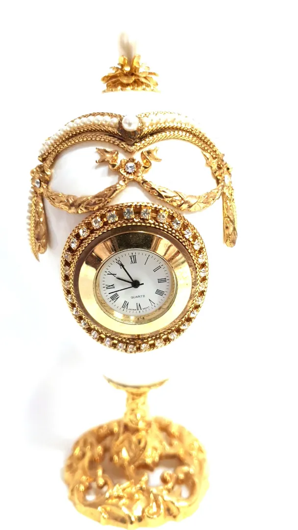 1996 Faberge Antique Clock, Faberge Egg Wedding Ring Box, Engagement Proposal Ring Box, 24k Gold Art Deco Fabergé Style, 25th Anniversary Gift.
