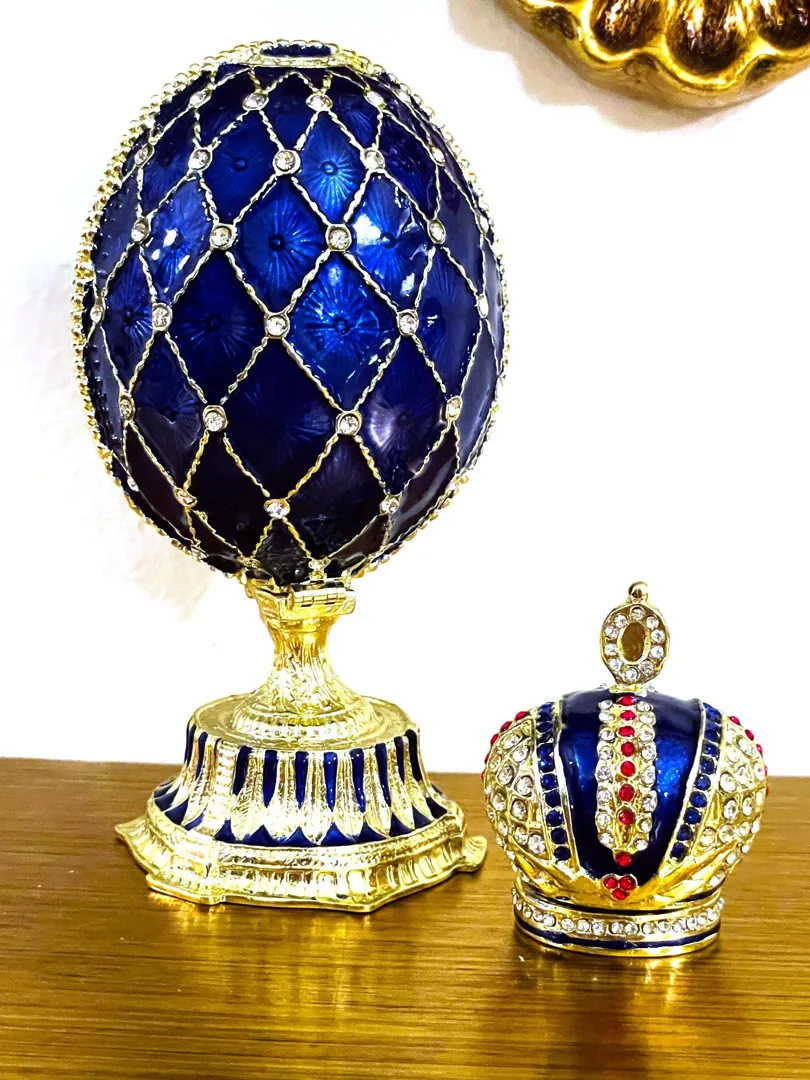 Sapphire Gold Faberge Box Imperial Crown Hideaway Trinket Fabergé Egg 333 Austrian Crystal Diamond plus Gold Bracelet Birthday Gift for Her